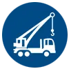 White industrial crane icon on a blue background.
