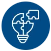 White outline of a lightbulb incorporating puzzle pieces on a blue background.