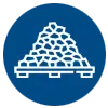 Icon of a pile of rocks on a pallet against a blue background.
