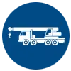 Icon of a white truck-mounted crane on a blue background.