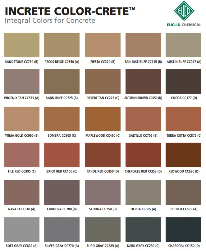 A color chart displaying various concrete color options with names and codes, such as Sandstone, San Jose Buff, and Charcoal.