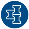A white, symmetrical geometric icon resembling interlocking shapes on a blue square background.