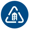 White recycling symbol with arrows forming a circle around a house icon, on a blue background.