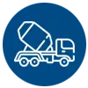 Icon of a cement mixer truck on a blue background.
