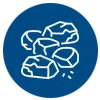 White line drawing of several broken rocks or stones on a blue background.