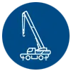 Icon of a mobile crane with an extended arm on a blue background.