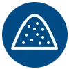 Blue icon with a white triangular shape depicting a pile of granular material, possibly salt, with small white dots on top representing grains.