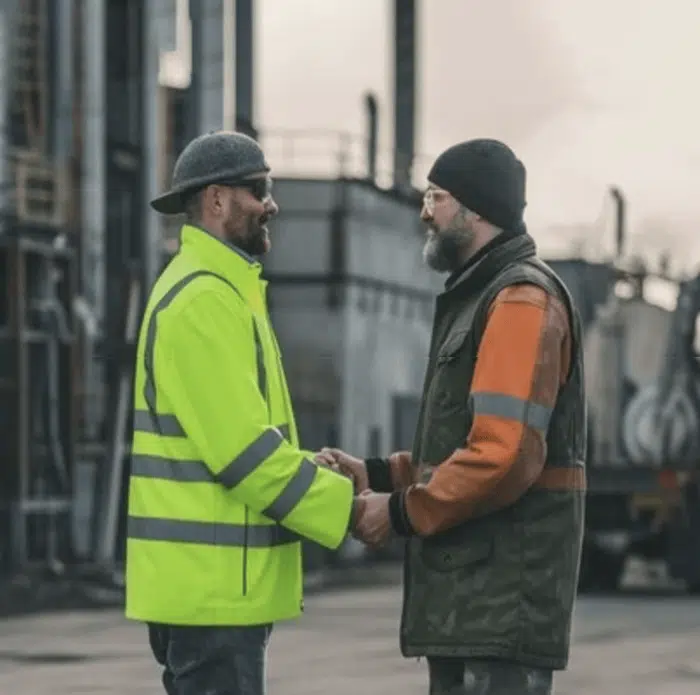 Two men in safety gear stand facing each other outside an industrial setting. One wears a bright yellow jacket, the other an orange and green jacket. They hold hands and converse.