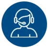 Icon of a person wearing a headset, depicted in white on a blue background.