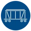Icon of a freight train wagon on a blue background, featuring line art of a railcar with vertical bars and wheels.