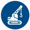 Icon depicting a white construction crane on a blue background.