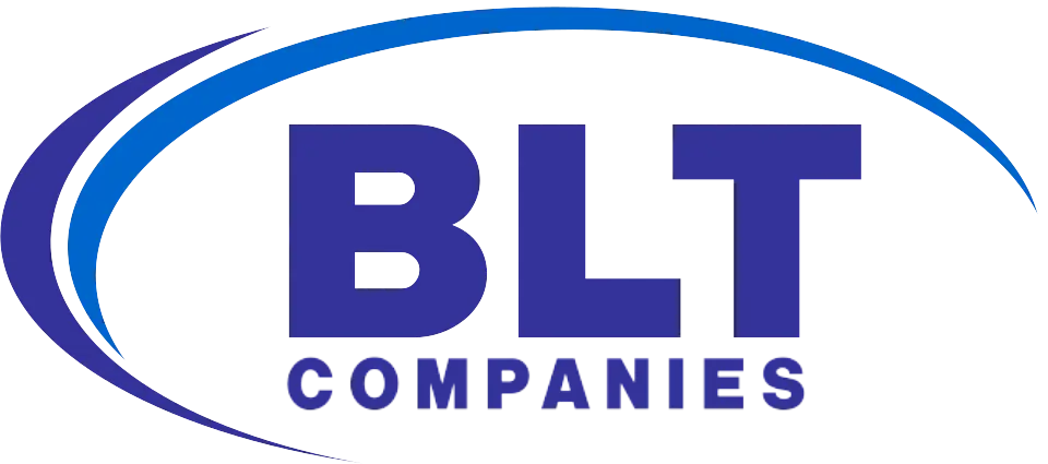 Logo of BLT Companies, featuring large blue letters "BLT" above smaller blue letters "Companies," encircled by a swooping blue crescent design.