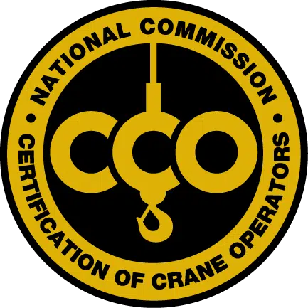 Yellow circular logo for the National Commission Certification of Crane Operators, featuring a crane hook and the letters "CCO" in the center.