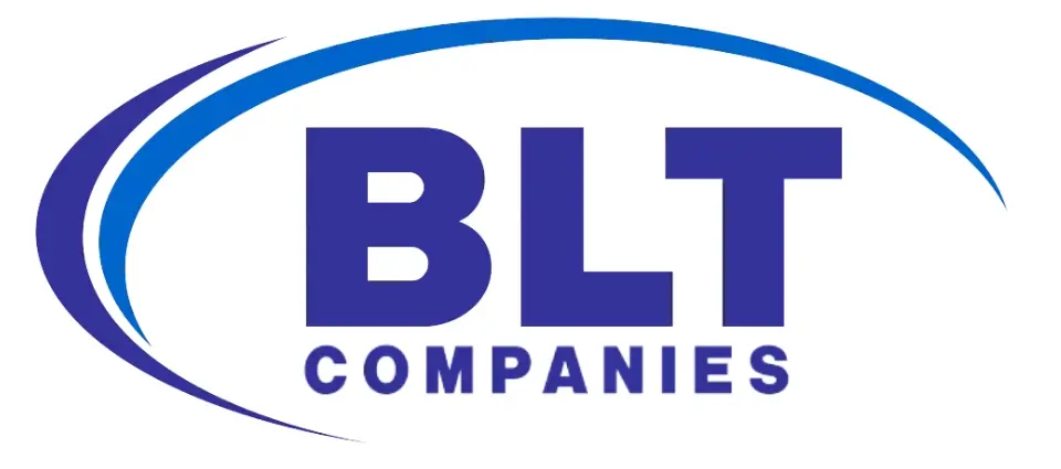 BLT Companies logo featuring bold blue letters inside an oval with blue swoosh accents on a white background.